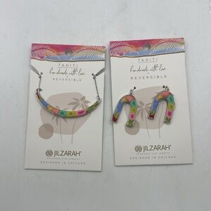 NWT Jilzarah Tahiti Reversible Curve Necklace Dangle Earrings Set Boho Colorful
